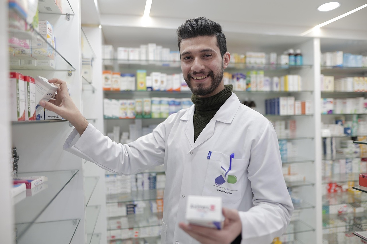 A pharmacy counter where prescriptions are picked up and paid for.
