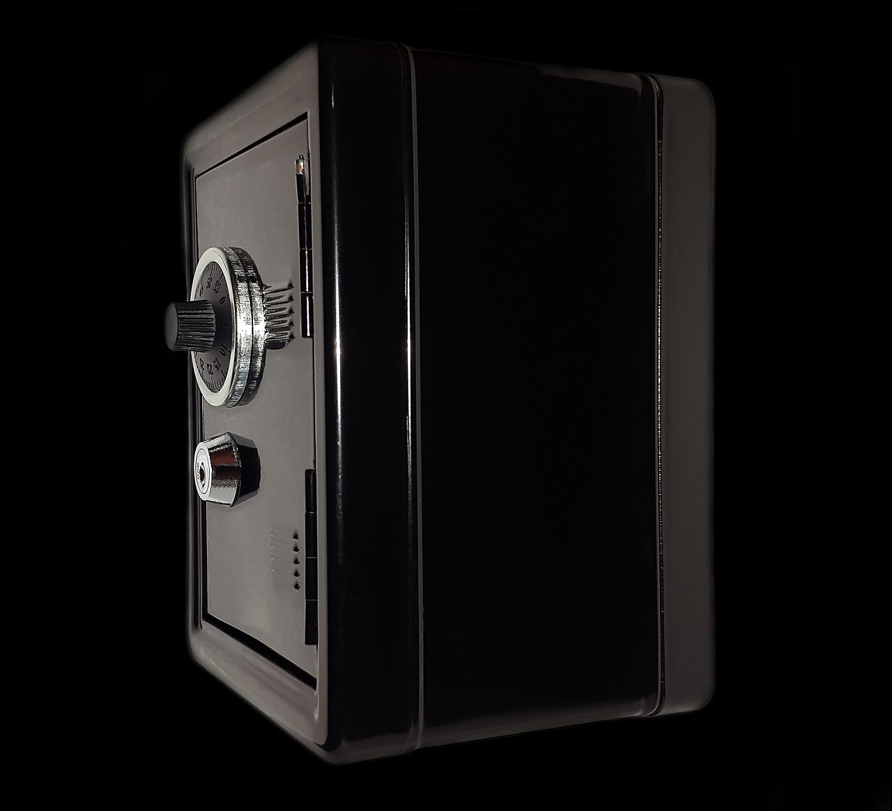 A heavy steel bank vault door standing open.