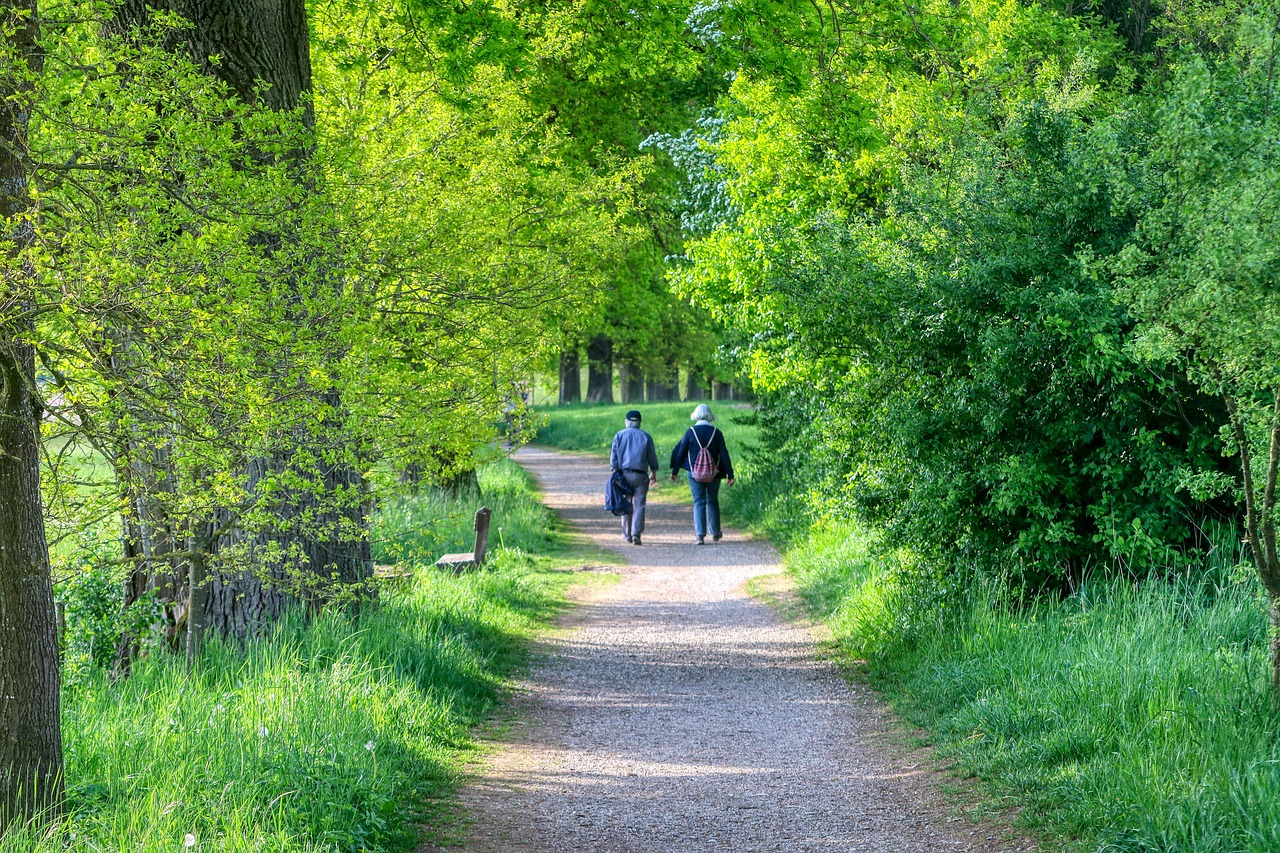 An older couple walking on a quiet path in the afternoon.