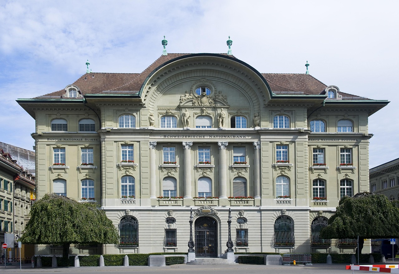 The front of a bank building with columns.